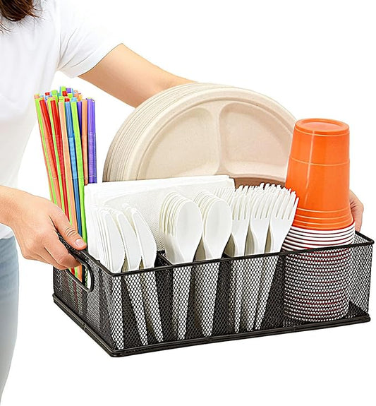 Metal Silverware Caddy for Countertop – 7 Compartment Paper Plate and Utensil Organizer with Side Handles – Cutlery Holder for Party, Buffet, Picnic, or Kitchen Table