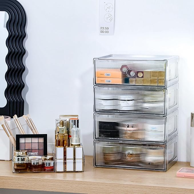5-Tiers Makeup Organizer with Drawer for Vanity, Stackable Bathroom Storage Box for Beauty Essentials, Skincare Products, Cosmetic Brushes, Perfume Stand, Clear Lipsticks Holder