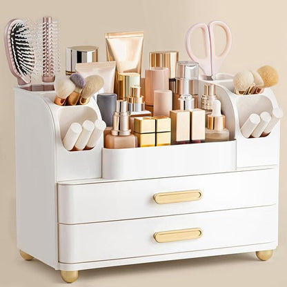 HBlife Makeup Organizer for Vanity with Brush Holder, Large Bathroom Countertop Cosmetic Organizer Skin Care Storage, Easy to Store Lipsticks, Nail Polishes, Perfumes, Eyeshadow Palettes, All White