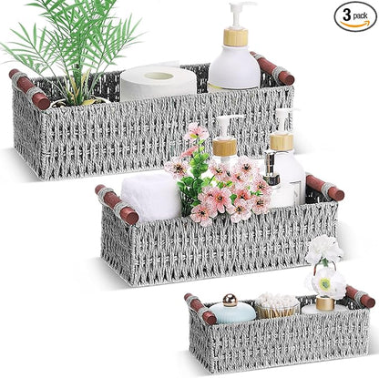 Boao 3 Pcs Boho Storage Wicker Baskets Handmade Woven Decorative Paper Rope Baskets for Organizing with Handle Countertop Toilet Paper Storage Container for Toilet Tank Top(Light Grey,Rectangle)
