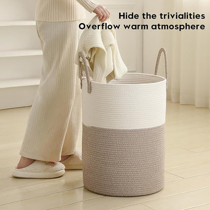 Laundry Basket Hamper Tall Rope Storage Woven for Blanket toys Dirty Clothes in Living Room Bathroom Bedroom (White&Brown, 100L/26.4Gal)