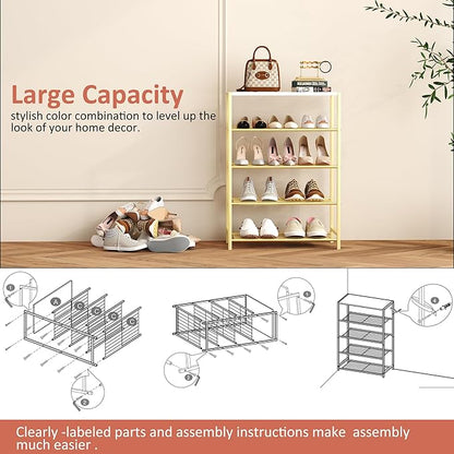 HOMEFORT 5-Tier Shoe Rack, Shoe Storage Shelf, Industrial Shoe Tower, Narrow Shoe Organizer for Closet Entryway, Small Shoe Rack Table with Durable Metal Shelves, Gold
