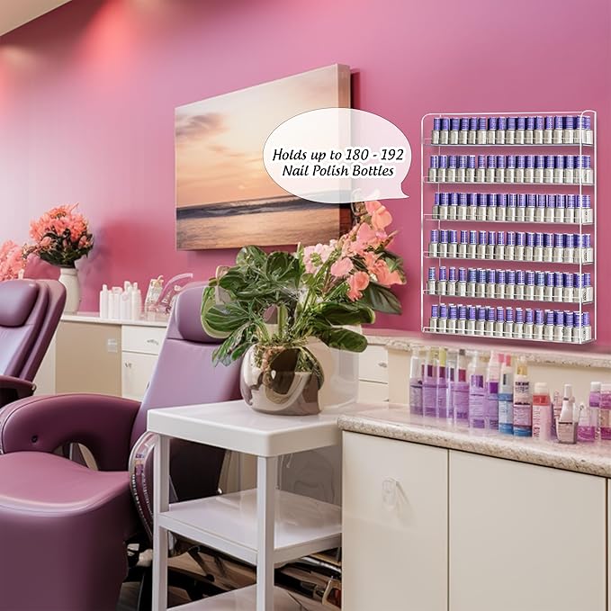 AMT 6 Tier Acrylic Nail Polish Racks for the Wall, Holds up to 180 Bottles, CLEAR Nail Polish Display, Essential Oils Organizer. Plus a Microfiber Cloth for Cleaning Purposes