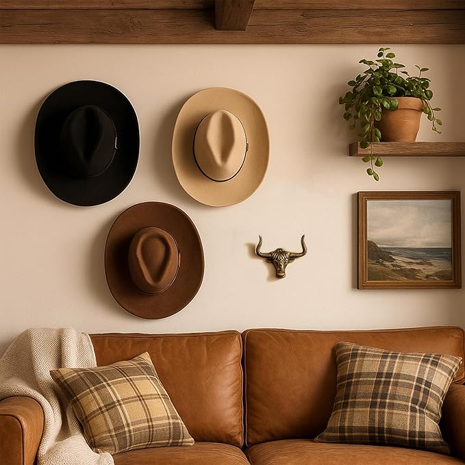 Cowboy Hat Rack for Wall - 4 Pack Cast Iron Cowboy Hat Holder,Hat Storage Organizer Hat Hooks for Wall Western Decor for Bedroom Western Gifts (Gold, 4 Pack)