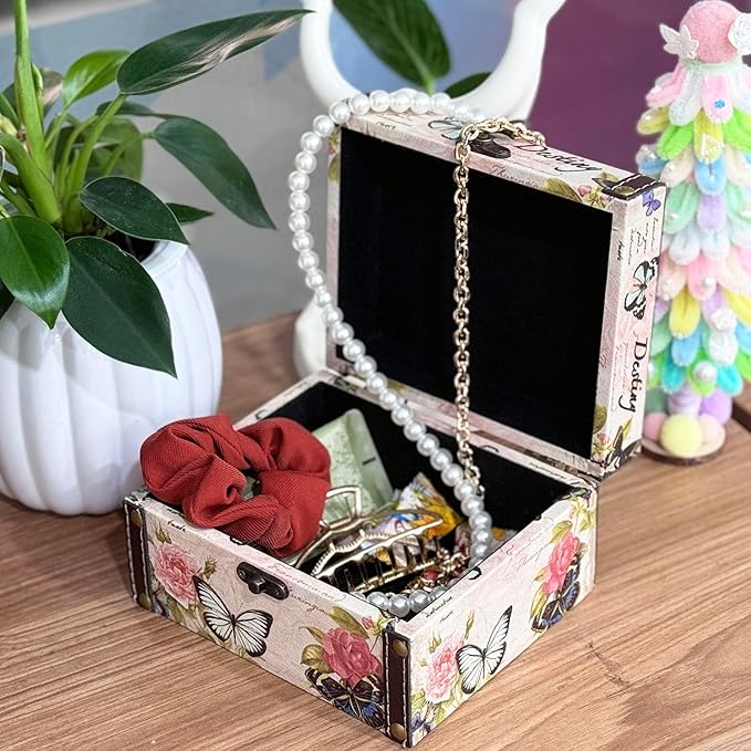 Butterfly Jewelry Box Pink Storage Decorative Box for Jewelry Trinkets Photos Wood Treasure Chest Box for Women Girls Gifts Decorative Keepsake Box Home Decorations