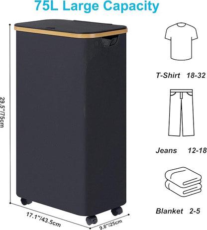 efluky Slim Laundry Basket with Wheels, Narrow Rolling Laundry Hamper with Lid and Removable Bag, Aesthetic Dirty Clothes Hamper on Wheels for Laundry Room, Bedroom, Dorm and Bathroom, 75L Dark Black