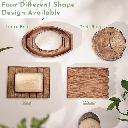 Acacia Wooden Soap Dish with Self Draining, Funny and Modern Multi Shape Design, Soap Holder for Sink Countertop, Shower & Bathroom Soap Tray。 (Wave-4.72“x3.47"x0.86")