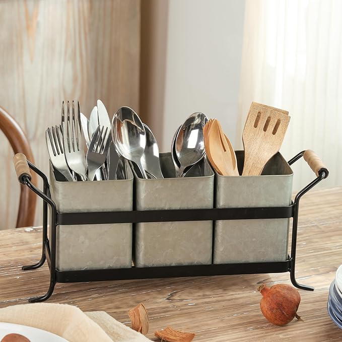 Silverware Caddy for Party Kitchen Flatware Holder for Countertop Farmhouse Galvanized Cutlery Organizer with 3 Compartments for Utensils, Spoons, Knives, Forks, Cups