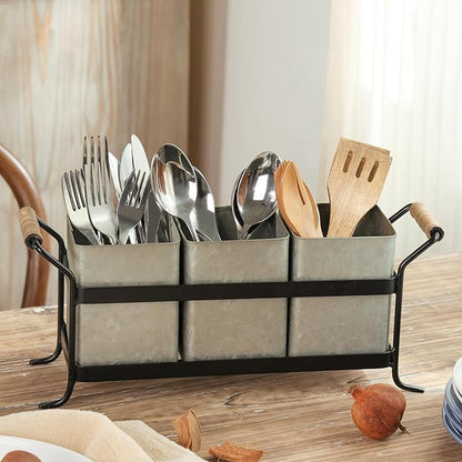 Silverware Caddy for Party Kitchen Flatware Holder for Countertop Farmhouse Galvanized Cutlery Organizer with 3 Compartments for Utensils, Spoons, Knives, Forks, Cups