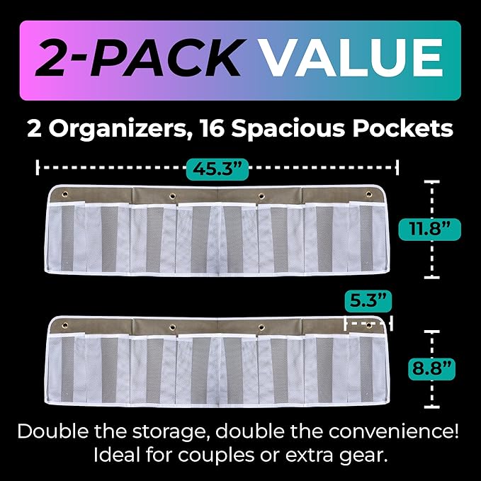 Jestik RV Shoe Storage for Bedside - 16 Large Pocket Bed Hanging Shoe Organizer Bag with Hooks, Wall Mounted Shoes Rack, Foldable Mesh Pockets, Bedside Caddy for Shoes, RV & Camper Essentials (2 Pack)