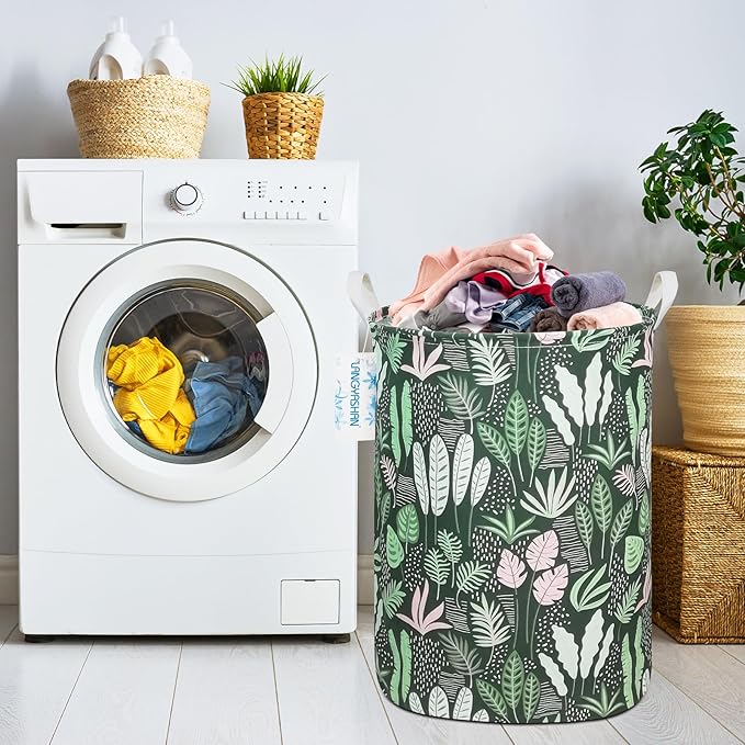 Laundry Basket Canvas Fabric Collapsible Organizer Basket for Storage Bin Toy Bins Gift Baskets Bedroom Clothes Children Nursery Hamper (Round Leaf)