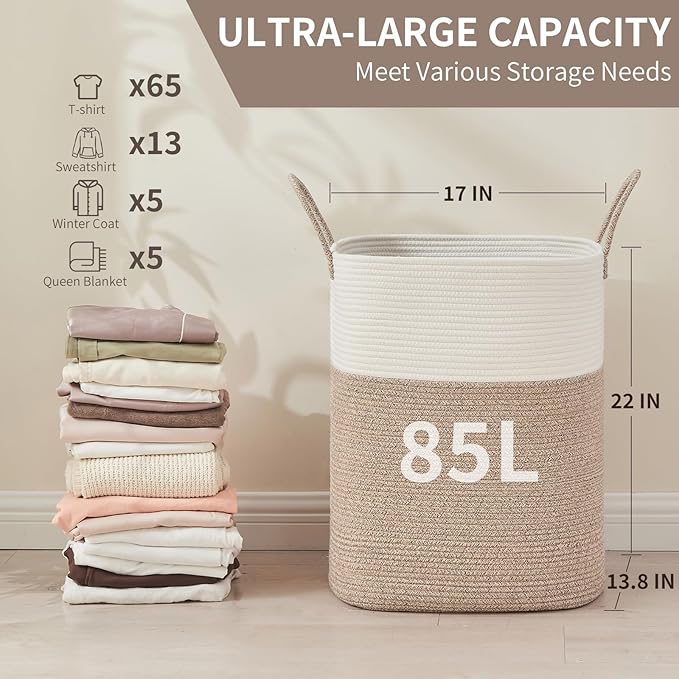 AINUOQI Laundry Basket with Handles - Blanket Basket & Hampers for Bedroom Aesthetic, Laundry Hamper & Blanket Storage for Living Room, Clothes Hamper, Tall, Large 17" x 14" x 26”, White & Rice Brown