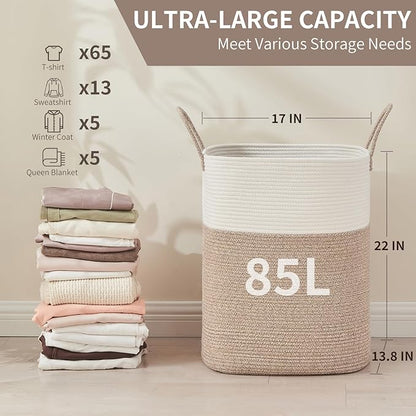 AINUOQI Laundry Basket with Handles - Blanket Basket & Hampers for Bedroom Aesthetic, Laundry Hamper & Blanket Storage for Living Room, Clothes Hamper, Tall, Large 17" x 14" x 26”, White & Rice Brown