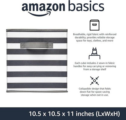 Amazon Basics Collapsible Fabric Storage Bins with Handles, Cube Organizer for Home Organization, 10.5"x10.5"x11", White/Light Grey Stripe, 6-Pack