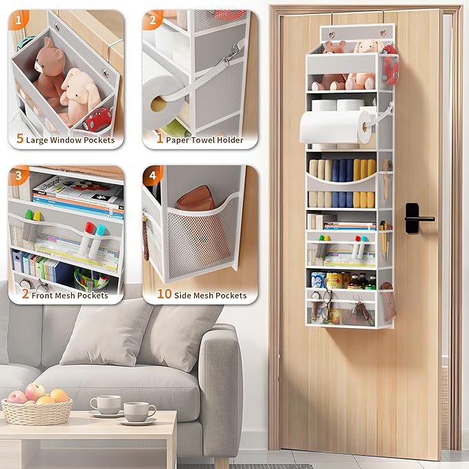 Over the Door Organizer - Behind the Door Storage with Rope for Toilet Paper Storage - Door Organizer Hanging with 5 Spacious Pockets & 14 Mesh Pockets (5 Tier-Grey)
