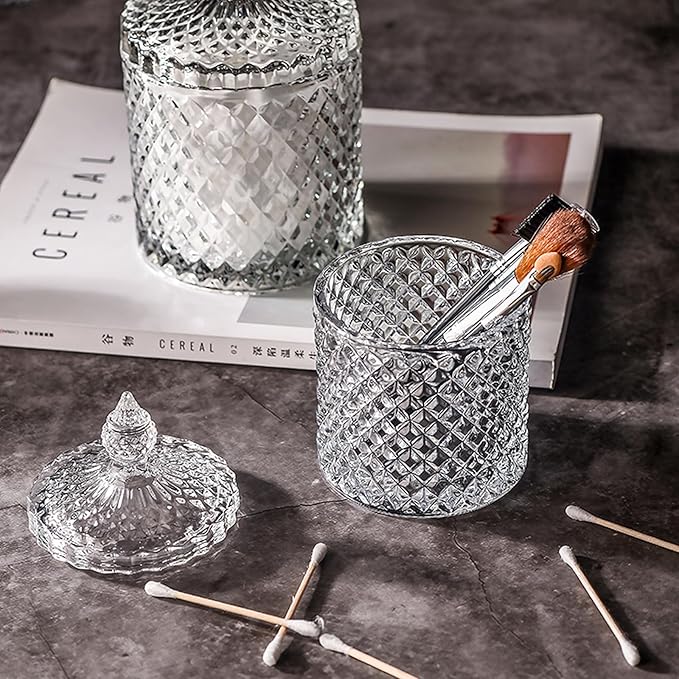 Qtip holder for bathroom,Cotton swab holder,Floss-Small Clear Glass Canister Apothecary Jar,Qtips dispenser,pad container Round Pads tips swabs ball,Qttip Jar,Qt tip holde,candy