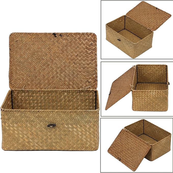 Wicker Storage Basket with Lid, Natural Seagrass Woven Shelf Basket for Storage, Rectangular Decorative Storage Bins Boxes Home Organizer Decor (Natural, Medium)