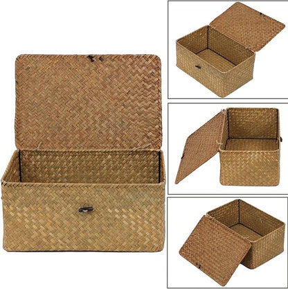 Wicker Storage Basket with Lid, Natural Seagrass Woven Shelf Basket for Storage, Rectangular Decorative Storage Bins Boxes Home Organizer Decor (Natural, Medium)