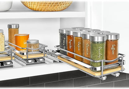 LYNK PROFESSIONAL® Élite™ Pull Out Spice Organization for Cabinets - 4-3/8 inch Wide – Spice Rack for Inside Cabinets – Wood/Chrome - Sliding Spice Rack Organizer for cabinet – Spice Rack - 1 Tier