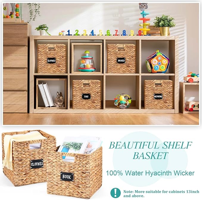 Jinei 12 Pcs Wicker Storage Basket Bulk, 12 x 12 Inch Handwoven Water Hyacinth Folding Cube Bin with Handles Labels for Shelves Pantry Laundry Organization