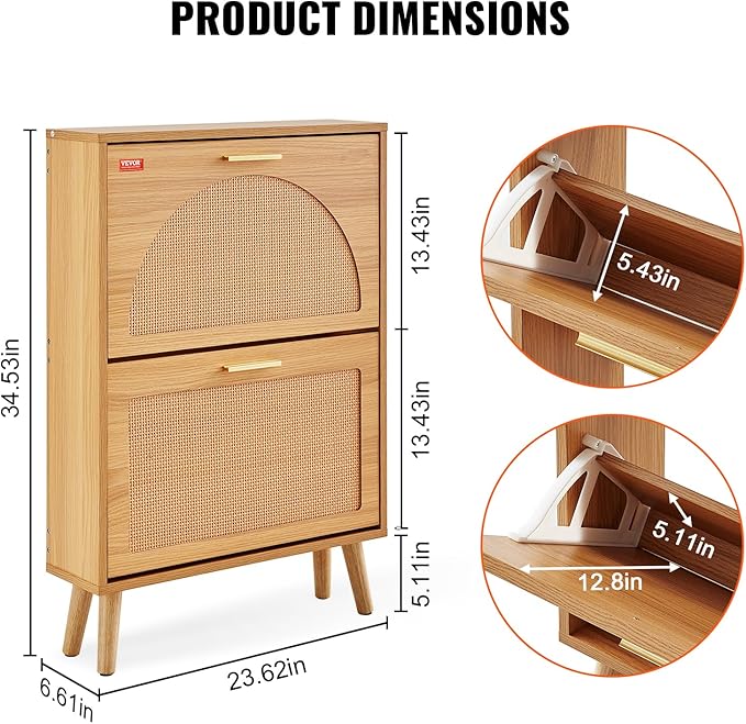 VEVOR Shoe Cabinet with 2 Flip Drawers, Shoe Storage Cabinet for Entryway, Free Standing Shoe Storage Organizer with Rattan Doors for Heels, Boots, Slippers in Hallway, Living Room