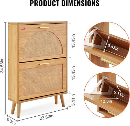 VEVOR Shoe Cabinet with 2 Flip Drawers, Shoe Storage Cabinet for Entryway, Free Standing Shoe Storage Organizer with Rattan Doors for Heels, Boots, Slippers in Hallway, Living Room