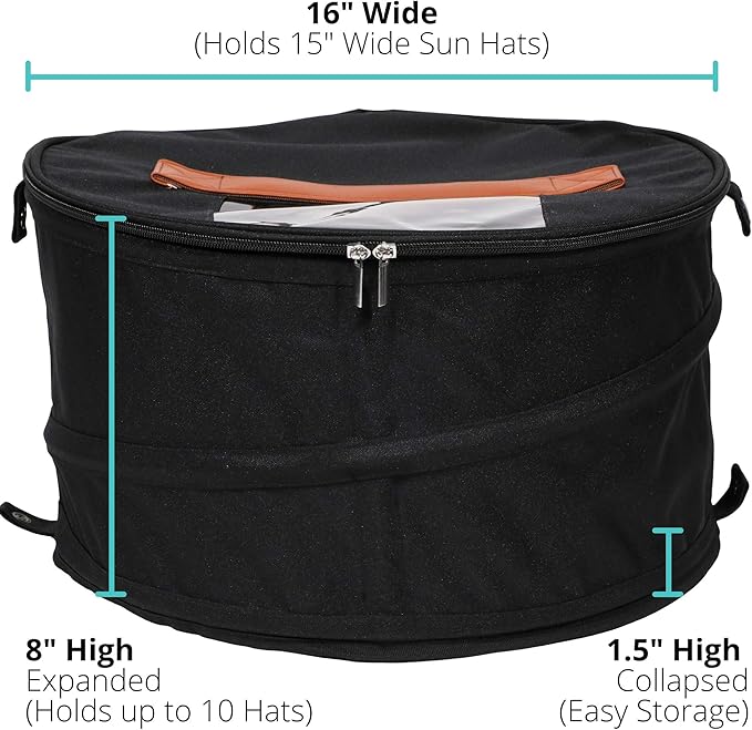 Hat Storage Box | Stuffed Animal Toy Storage | Stackable Round Pop-up Container | Travel Hat Boxes for Women & Men | Closet Organizer w Lid | Dust Cover Cowboy Sun Beach Hats (Black, 1 Pack)