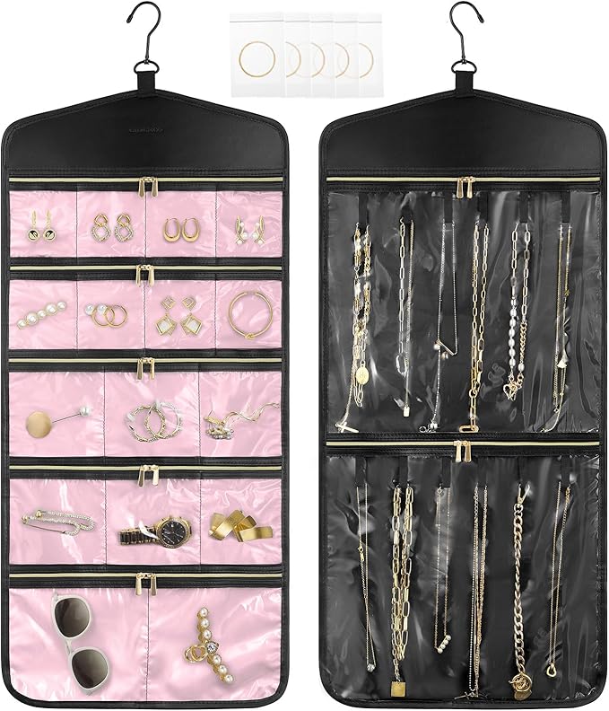 CHICECO Travel Jewelry Holder Organizer,Hanging Jewelry Organizer Storage with Zippered Pockets for Cloest,Jewelry Holder for Earrings, Necklaces (Pink Black)