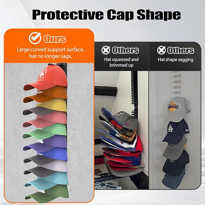 Hat Organizer for Baseball Caps 1 Pack, Adhesive Hat Rack for Wall Hold Up to 20 hats (Black-1 Pack)