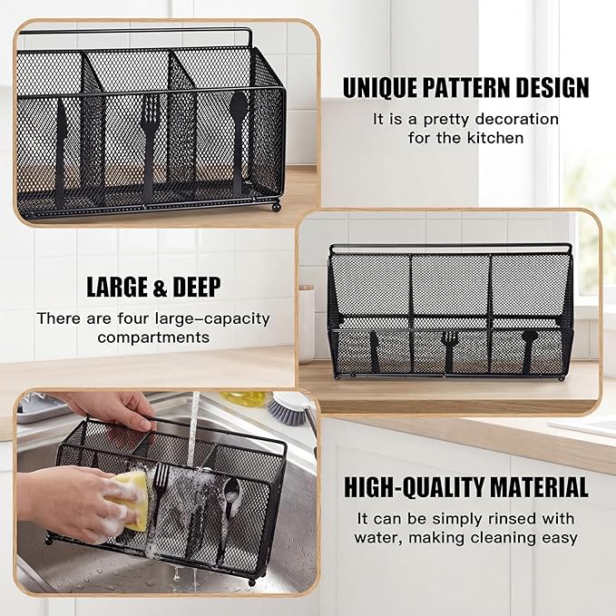 Metal Utensil Caddy Silverware Caddy, Black Silverware Holder for Countertop Flatware Utensil Cutlery Organizer Container for Spoon Fork Knives Kitchen Outdoor Party Camping Picnic Storage