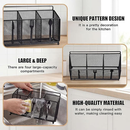 Metal Utensil Caddy Silverware Caddy, Black Silverware Holder for Countertop Flatware Utensil Cutlery Organizer Container for Spoon Fork Knives Kitchen Outdoor Party Camping Picnic Storage