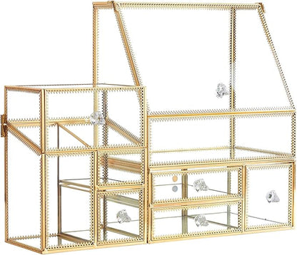 Tempered Glass Makeup Organizer with Gold Heart Shaped Metal Frame, Large Cosmetic Storage Drawer Cabinet, Dustproof Vanity Display Case for Lipstick Makeup Brush Skincare