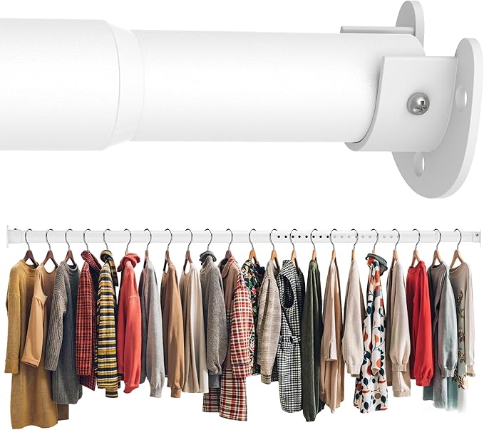 Long Closet Rod 17-75 Inches, Adjustable Heavy Duty White Metal Closet Rods for Hanging Clothes, 1.3 Inch Diameter with Wall Brackets for Wardrobes, Laundry Room