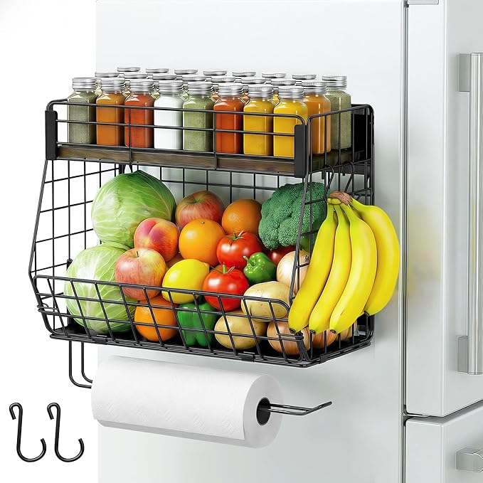 Magnetic Spice Rack for Refrigerator with Paper Towel Holder, Fruit Basket with 2 Hooks for Kitchen Storage and Organizer, Full‑Enclosed Magnetic Shelf 33 lbs for Laundry, Pantry, Coffee Bar and RV