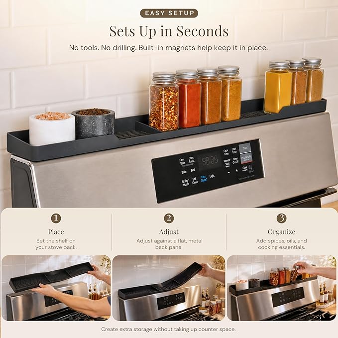 TEO Magnetic Stove Top Shelf - 30 Inch Silicone Over the Stove Spice Rack for Kitchen Gadgets Storage Organization, Heat-Resistant, No Installation, Dishwasher Safe, Over Oven Shelf Black