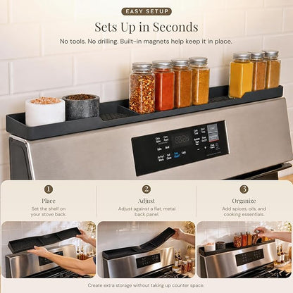 TEO Magnetic Stove Top Shelf - 30 Inch Silicone Over the Stove Spice Rack for Kitchen Gadgets Storage Organization, Heat-Resistant, No Installation, Dishwasher Safe, Over Oven Shelf Black
