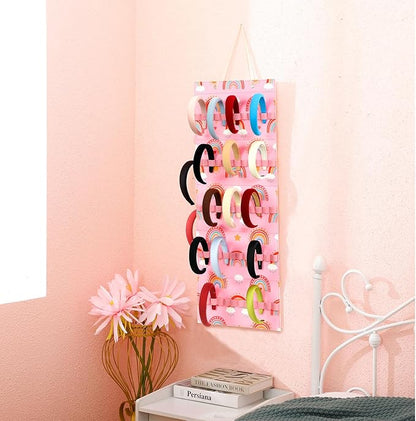 Tudomro Hanging Headband Holder for Girls Felt Hair Accessories Organizer with 60 Elastic Bands Bow Hanger for Girls Hair Bows Without Headbands(Pink,Rainbow)