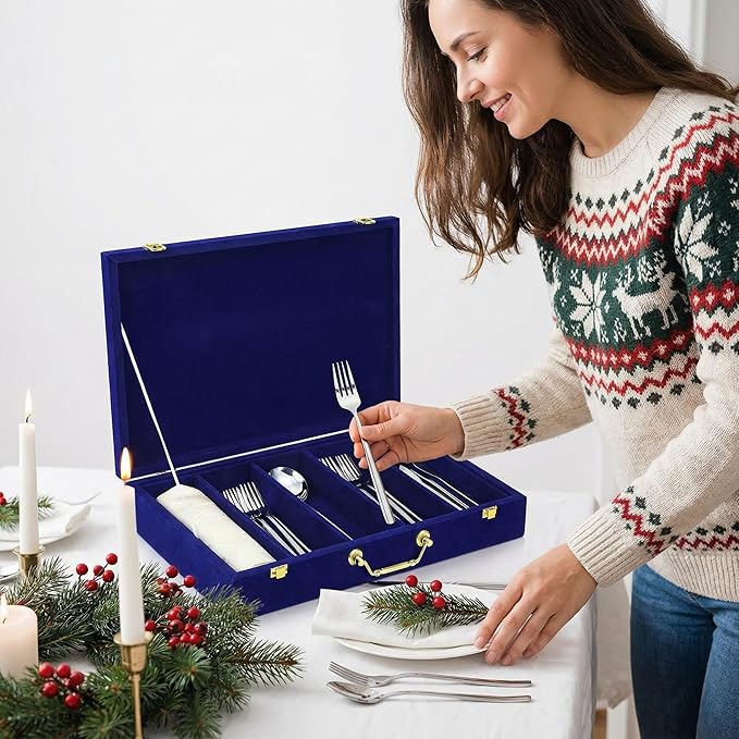 Pickmesh Silverware Case with Lid and Handle, Silverware Storage Box Sterling Silver Flatware Chest Without Silver Tarnish Proof Utensils Organizer for Kitchen Decor Wedding Gifts(Royal Blue,1 Layer)