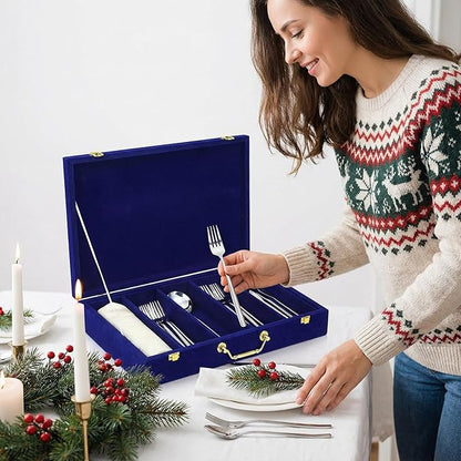 Pickmesh Silverware Case with Lid and Handle, Silverware Storage Box Sterling Silver Flatware Chest Without Silver Tarnish Proof Utensils Organizer for Kitchen Decor Wedding Gifts(Royal Blue,1 Layer)