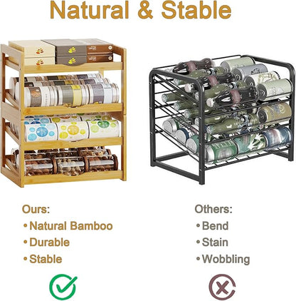 BAMBANG Can Organizer for Pantry, Detachable Bamboo 4 Tier Stackable Can Storage Rack, Rolling Soda Can Dispenser Can Holders for Cabinet, Holds Up to 48 Cans