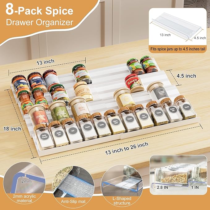8-Pack Spice Rack for Drawer, Adjustable Seasoning Rack Tray, Expandable from 13" to 26", 2mm Acrylic, White, Kitchen Organizer and Storage (Jars Not Included)