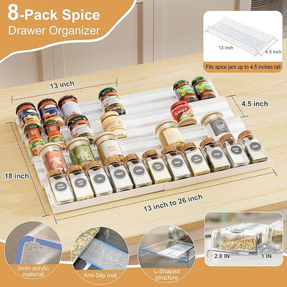 8-Pack Spice Rack for Drawer, Adjustable Seasoning Rack Tray, Expandable from 13" to 26", 2mm Acrylic, White, Kitchen Organizer and Storage (Jars Not Included)