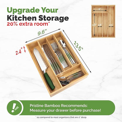 Pristine Bamboo Silverware Organizer - Small Extra-Deep Wooden Kitchen Drawer Organizer Divider for Spoons, Forks, Knives & Cutleries - 5 Slots