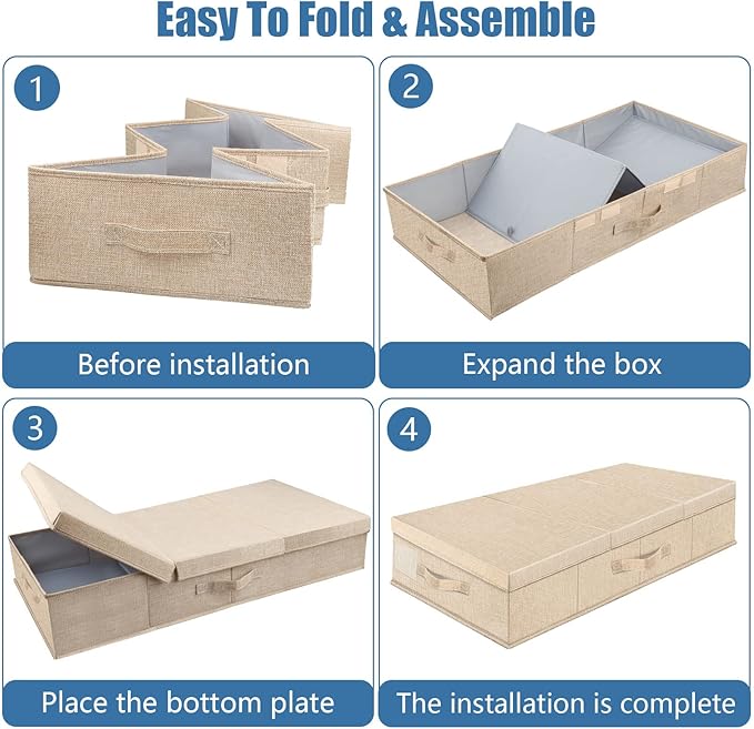 Supowin Underbed Storage Containers Bin with Lids (Set of 2) Large Under Bed Storage Organizer Box with Handle, Foldable Under the Storage Bags for Organizing Clothes, Shoes, Blankets, Pillows-Khaki