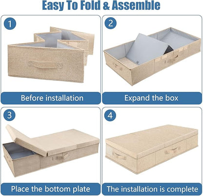 Supowin Underbed Storage Containers Bin with Lids (Set of 2) Large Under Bed Storage Organizer Box with Handle, Foldable Under the Storage Bags for Organizing Clothes, Shoes, Blankets, Pillows-Khaki
