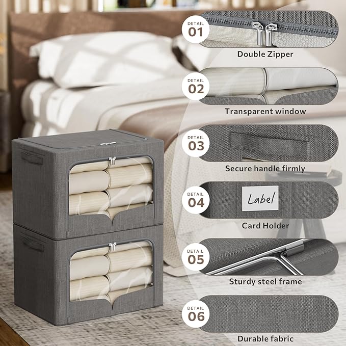 FHSQX 3 Pack Clothes Storage Bins - Foldable Metal Frame Storage Box - Stackable Linen Fabric Container Organizer Set with Carrying Handles and Clear Window (Dark Gray, 19.7x15.7x13inch(66L))