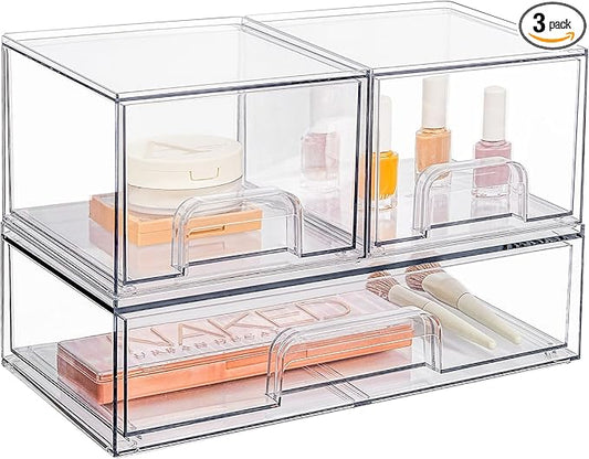 Vtopmart Stackable Storage Drawers Set of 3,Clear Plastic Organizer Bins for Makeup, Cosmetics, Beauty Supplies,Ideal for Vanity, Bathroom,Cabinet,Pantry Organization