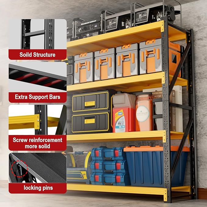 3000lbs Garage Shelving Heavy Duty, 4-Tier Metal Adjustable Garage Shelves, Storage Shelves for Warehouse, Pantry, Basement, 31.5" W X 20" D X 63" H (Black+Yellow, 31.5x20x63)