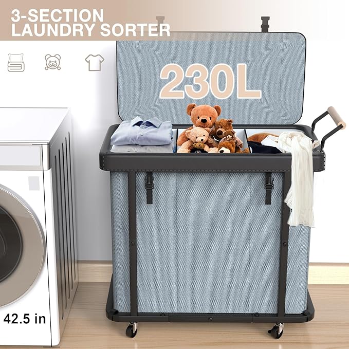 60 Gal (230L) Laundry Hamper 3 Section with Lid, Leather Patchwork Laundry Sorter with Rolling Lockable Wheels and Handle, Laundry Basket Organizer for Laundry Room, Bedroom and Bathroom - Gray