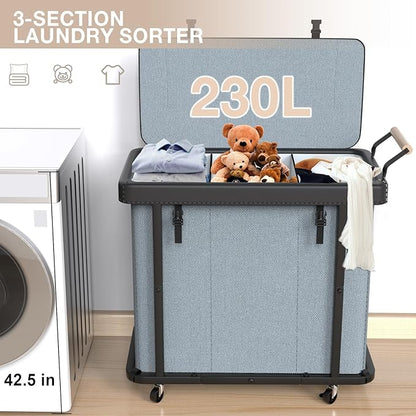 60 Gal (230L) Laundry Hamper 3 Section with Lid, Leather Patchwork Laundry Sorter with Rolling Lockable Wheels and Handle, Laundry Basket Organizer for Laundry Room, Bedroom and Bathroom - Gray